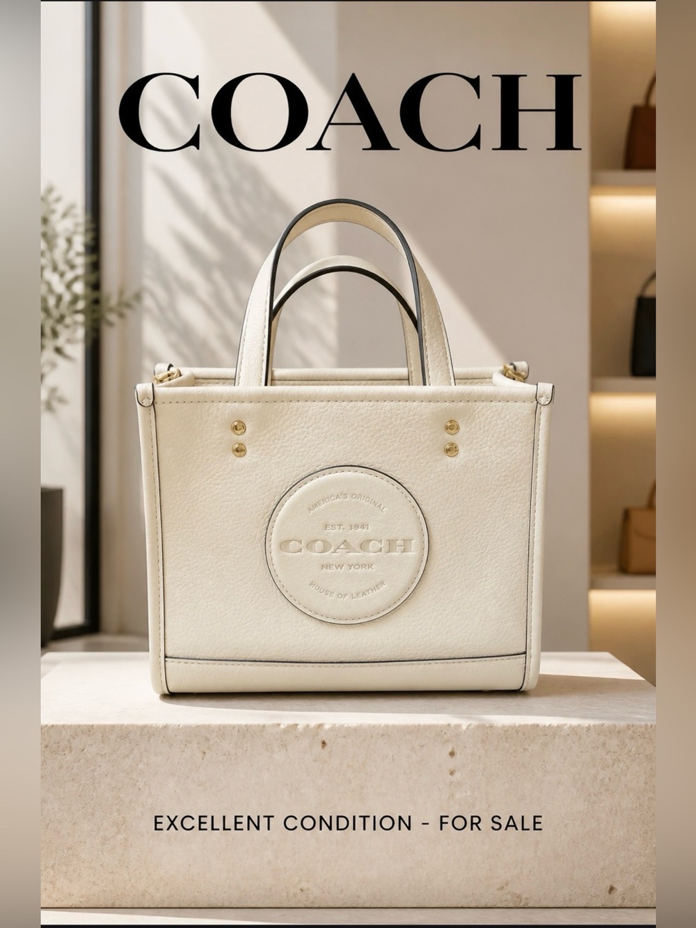 Coach Cream Leather Small Tote with Embossed Logo